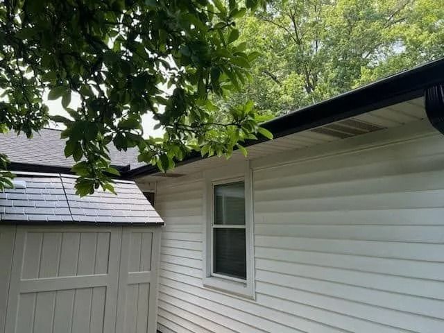 White house siding with a dark gutter, shed, window, and green tree leaves.