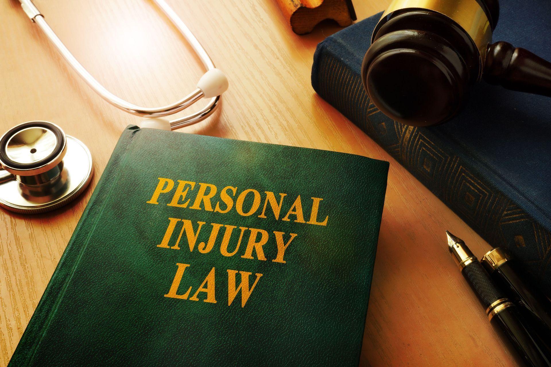 Personal injury law book on desk beside camera, lamp, and pen