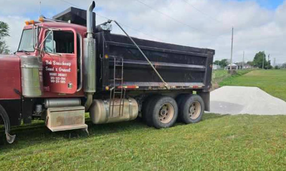 A red dump truck is parked in a grassy field.