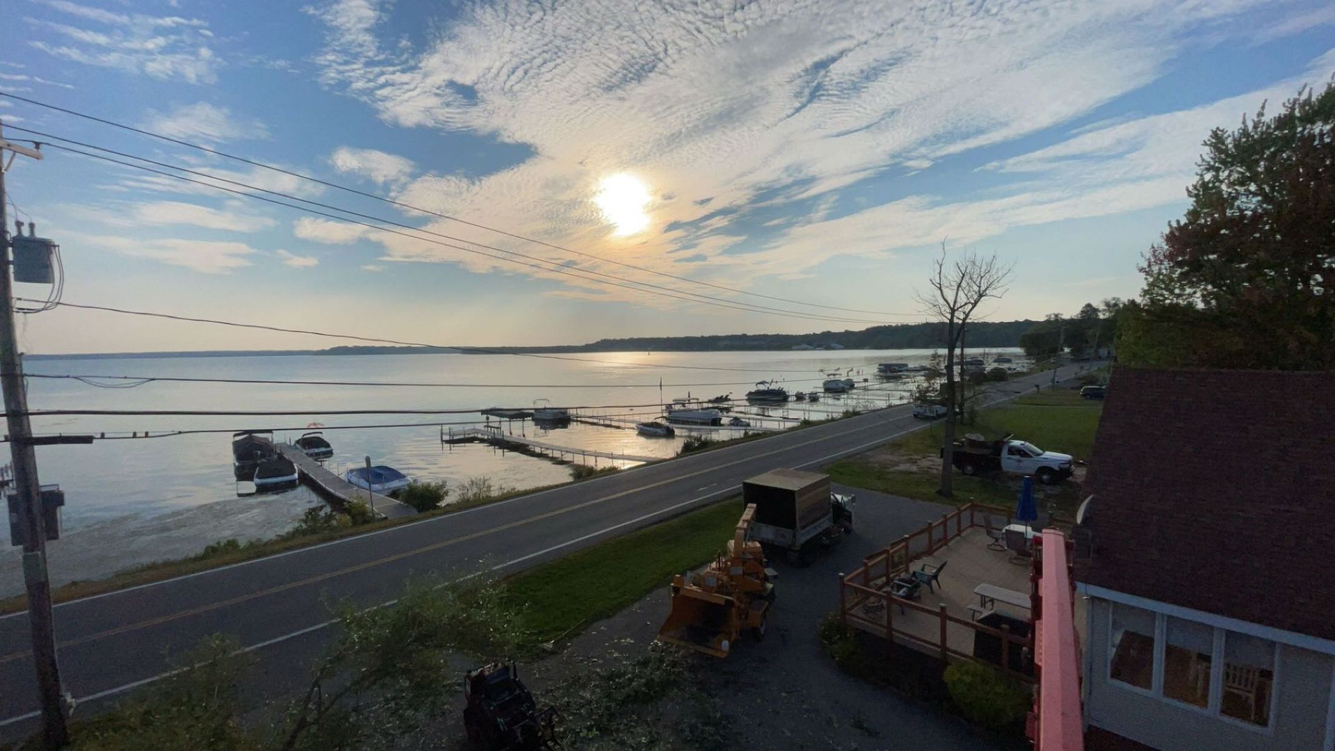 The sun is setting over a body of water.