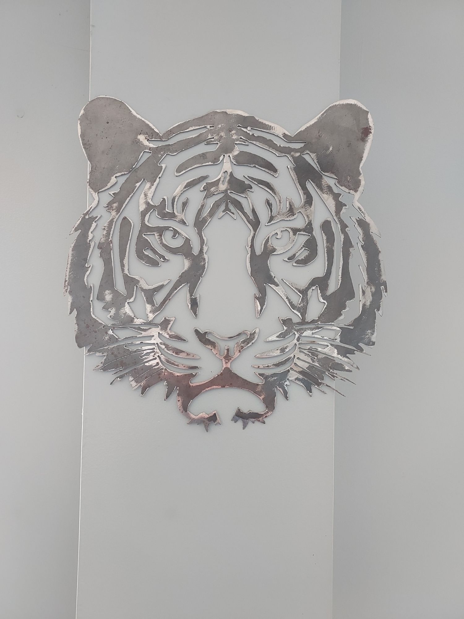 A close up of a tiger 's head on a white wall.