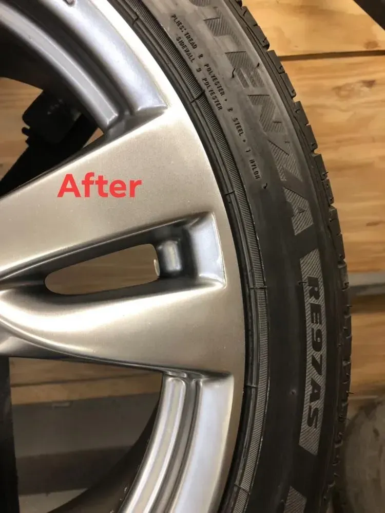 Close-up of a car wheel rim and tire, labeled “After” in red text.