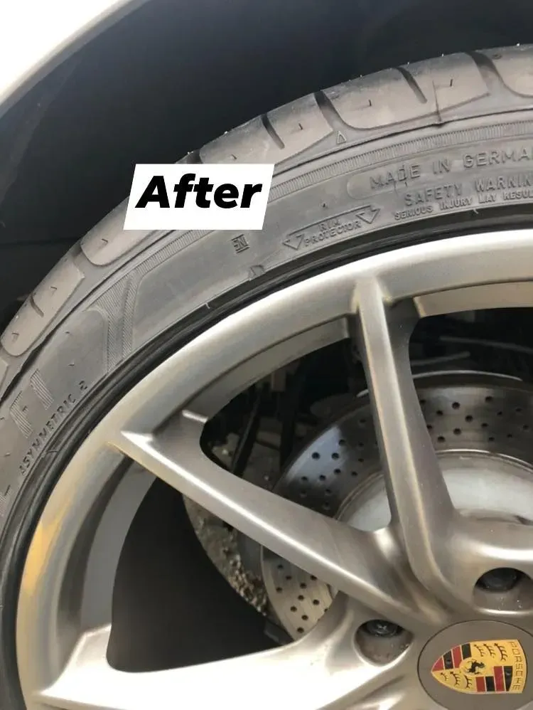 Close-up of a car tire and wheel with a small crack or repair, labeled “After”