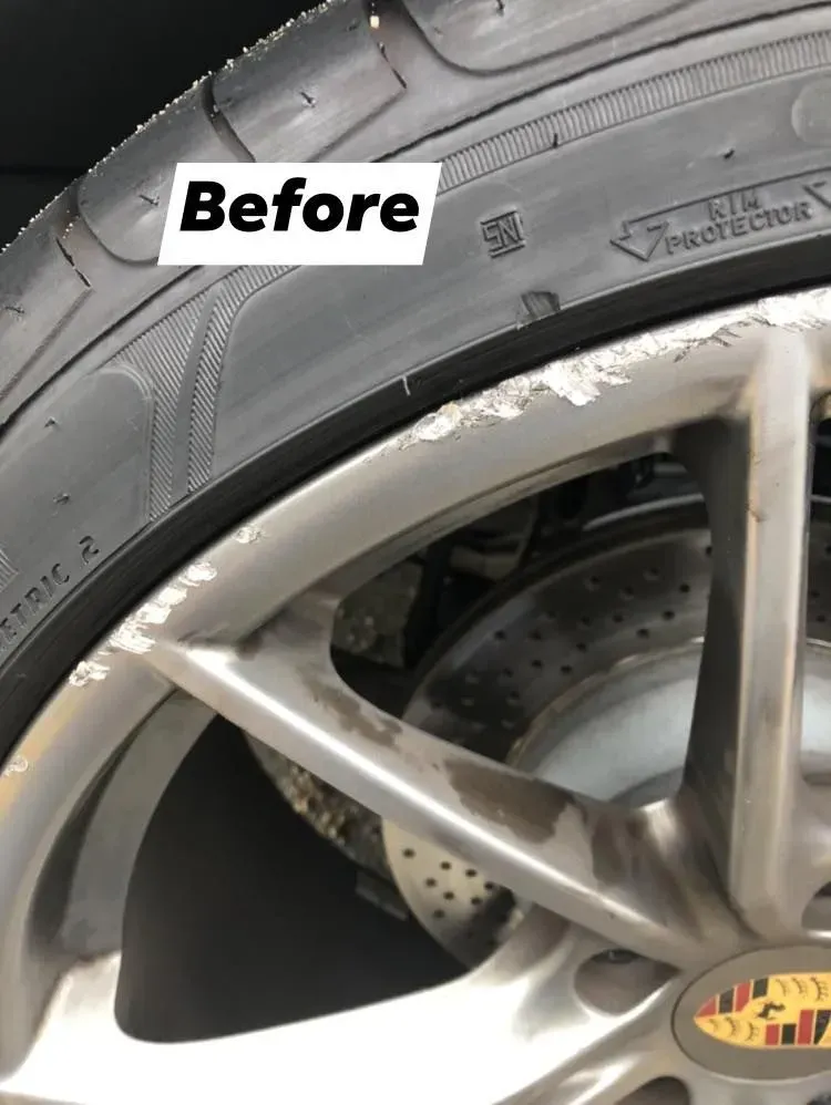 Close-up of a car wheel and tire labeled “Before,” showing scuffed rim damage.