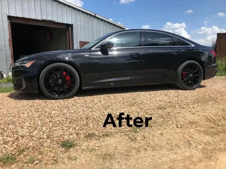 Black sedan parked beside a garage on gravel, with “After” text below.