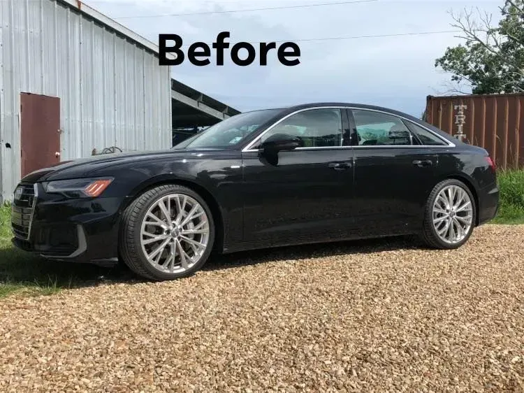 Black sedan parked on gravel beside a barn and shed, labeled “Before”