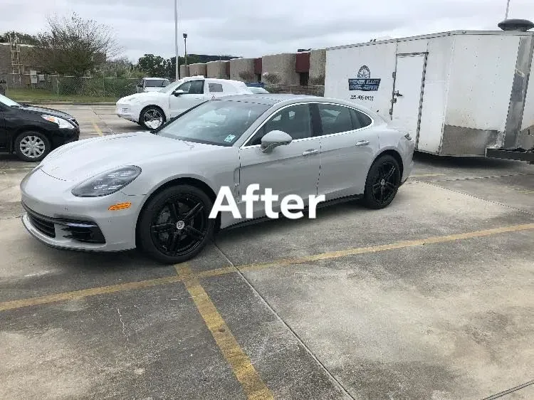 Silver sports sedan with black wheels parked outdoors, labeled “After”