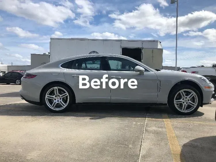 Silver sedan parked outdoors with “Before” text overlaid on the side.
