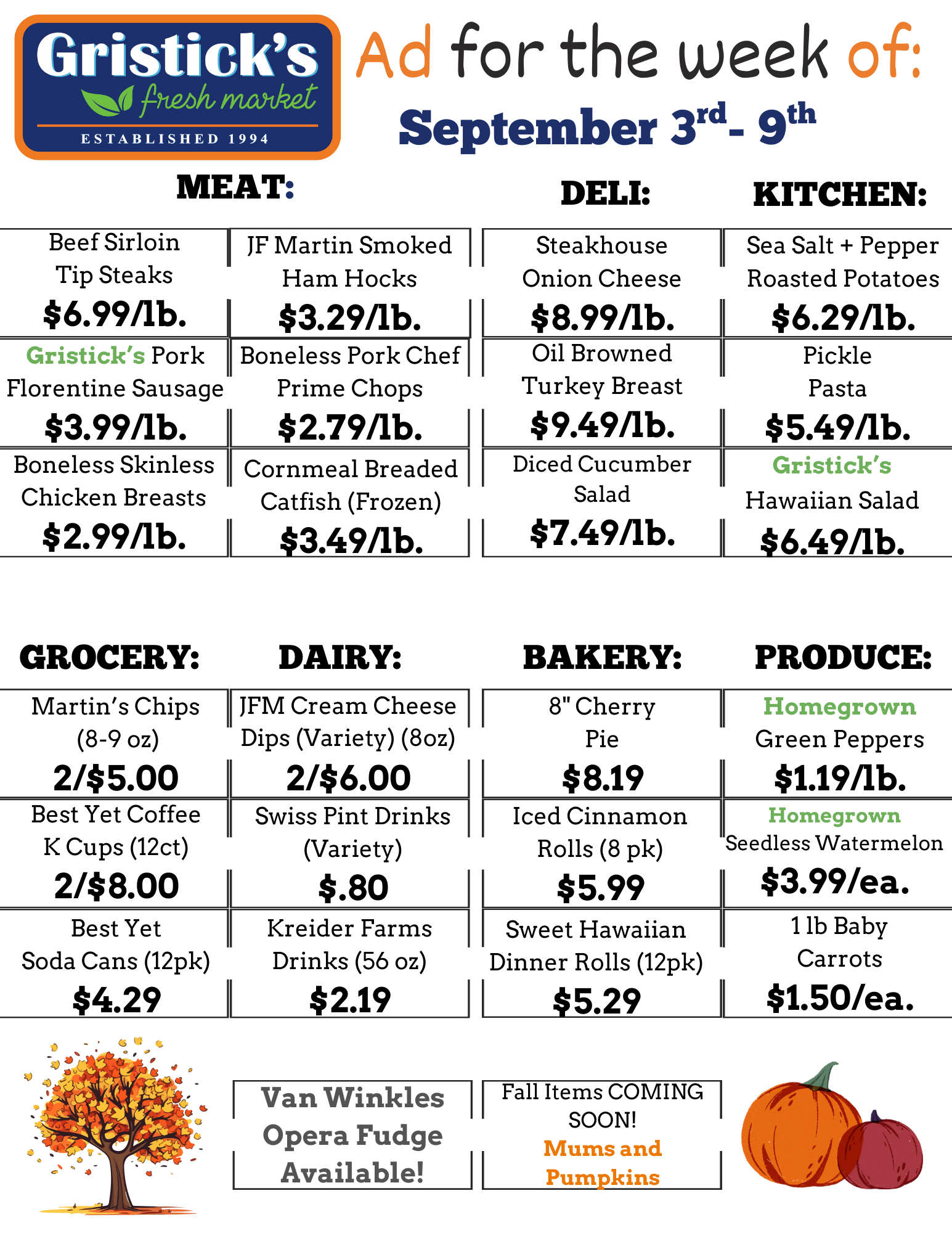 Grocery store ad with weekly specials for meat, deli, kitchen, grocery, dairy, bakery, and produce.