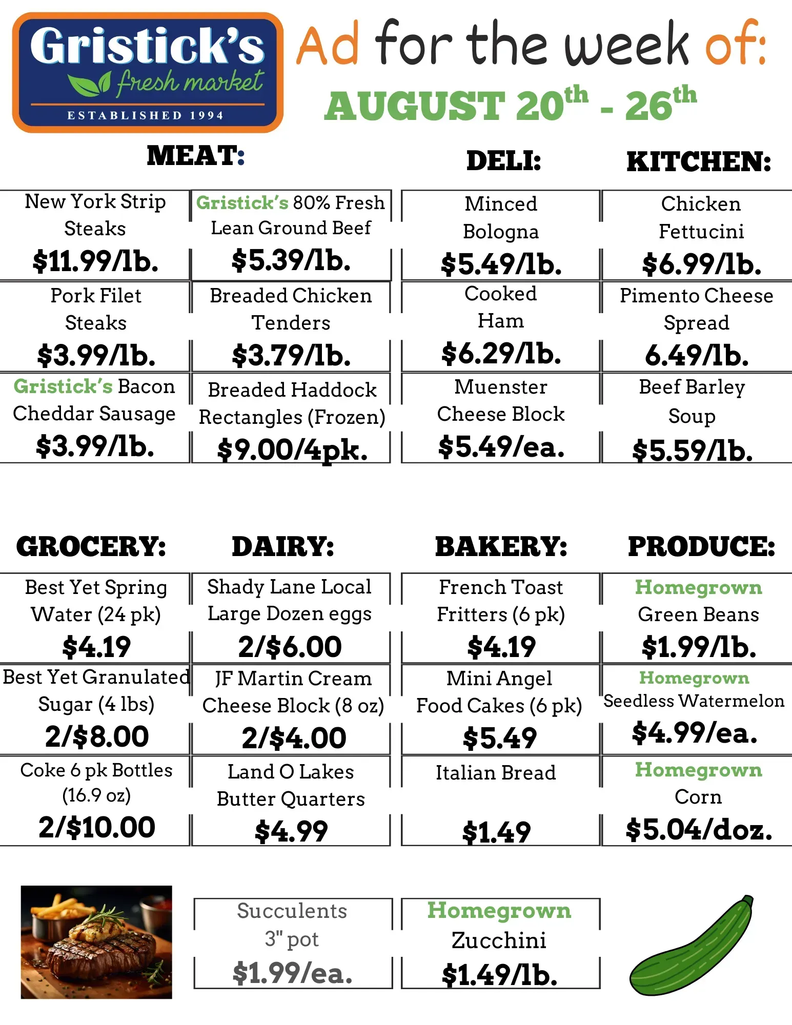 Gristick's Fresh Market weekly ad, August 20th-26th, featuring meat, deli, kitchen, grocery, dairy, bakery, and produce sales.