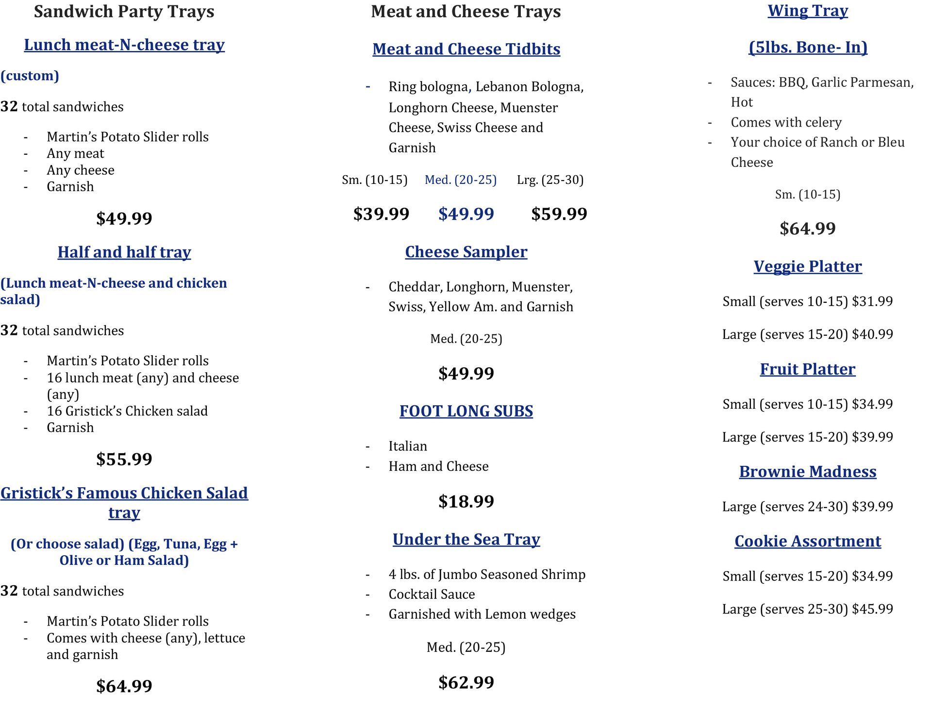 Menu with sandwich, meat/cheese, wing, veggie, and fruit trays; also sides and desserts.