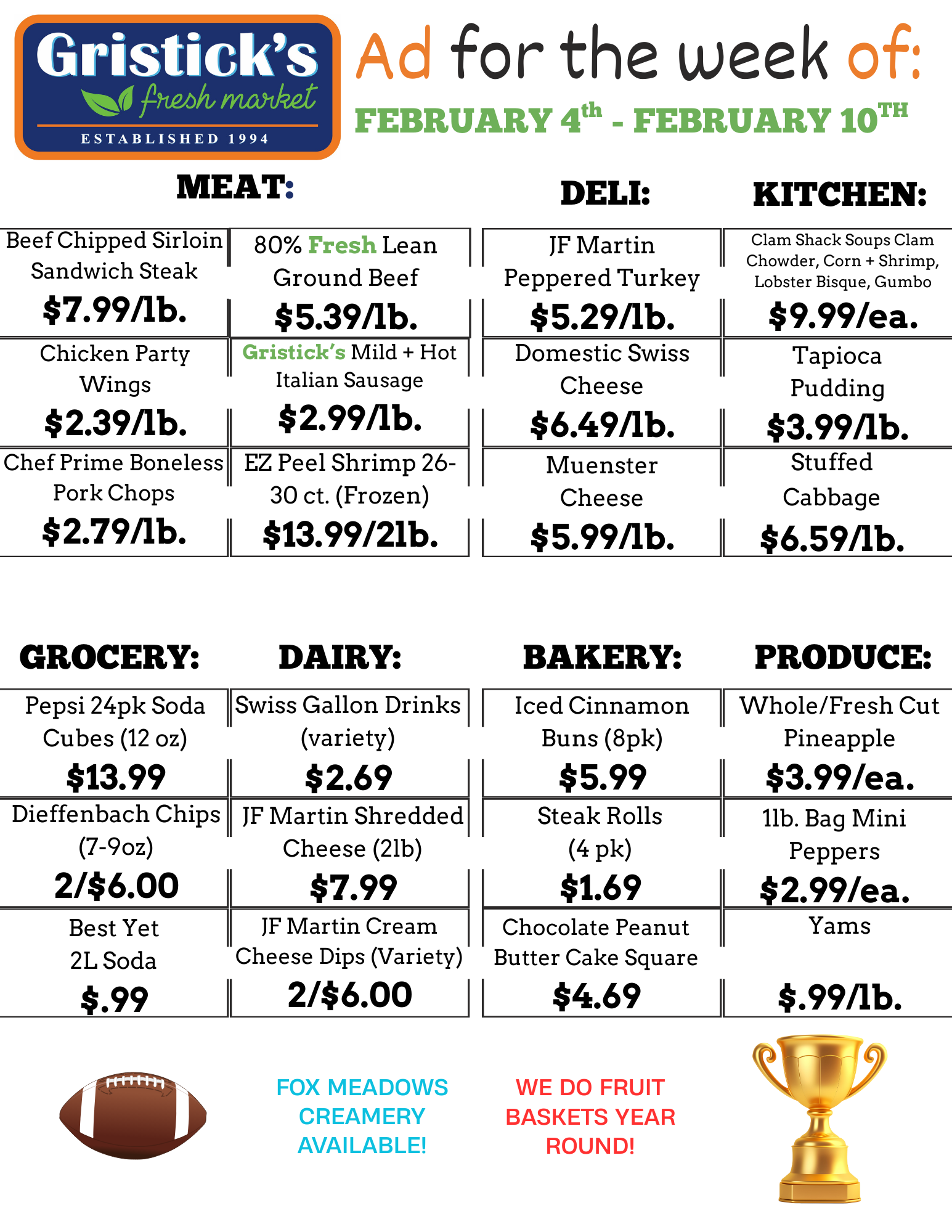 Gristick's weekly ad Meat, deli, kitchen, grocery, dairy, bakery, produce. Football and trophy.