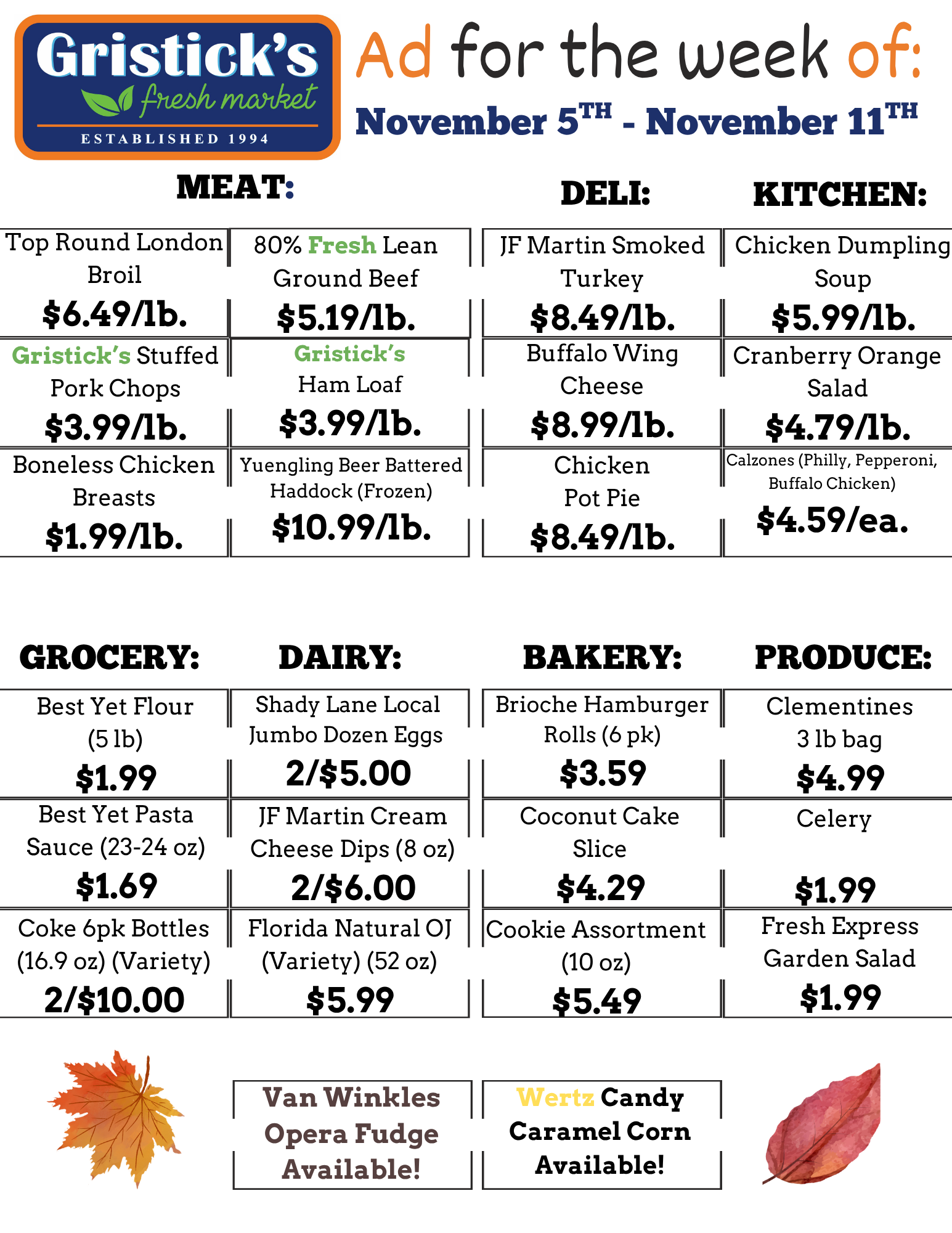 Grocery store ad for the week of November 5 to November 11, listing meat, deli, kitchen, grocery, dairy, bakery, and produce items.