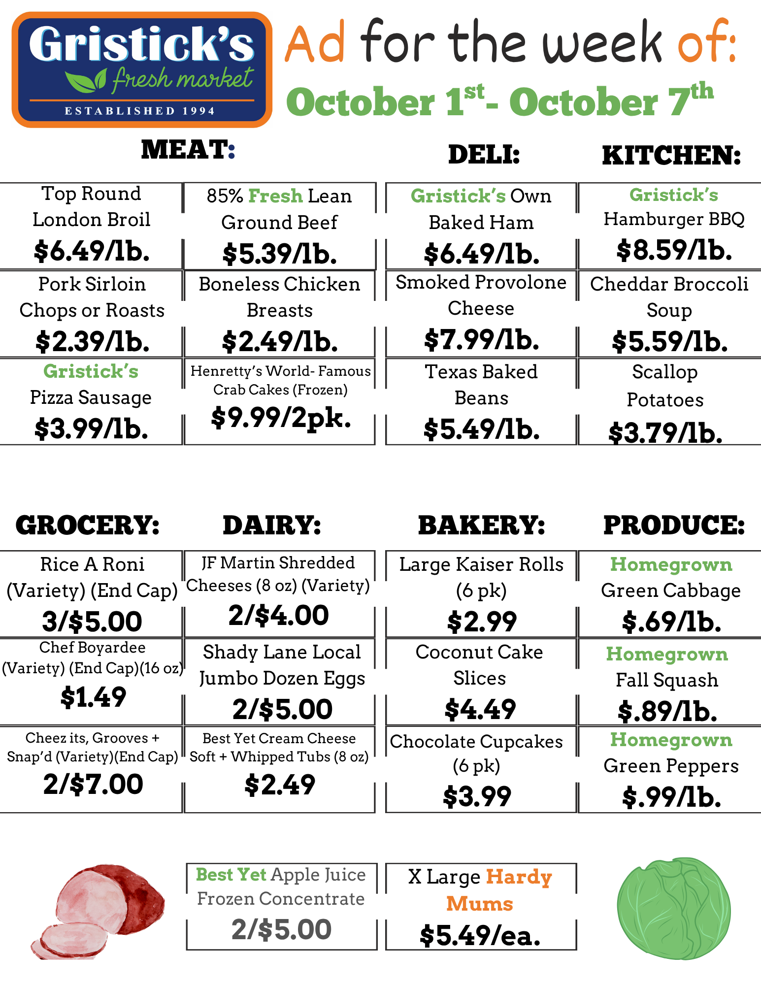 Gristick's Fresh Market weekly ad, October 1-7, featuring meat, deli, kitchen, grocery, dairy, bakery, and produce prices.