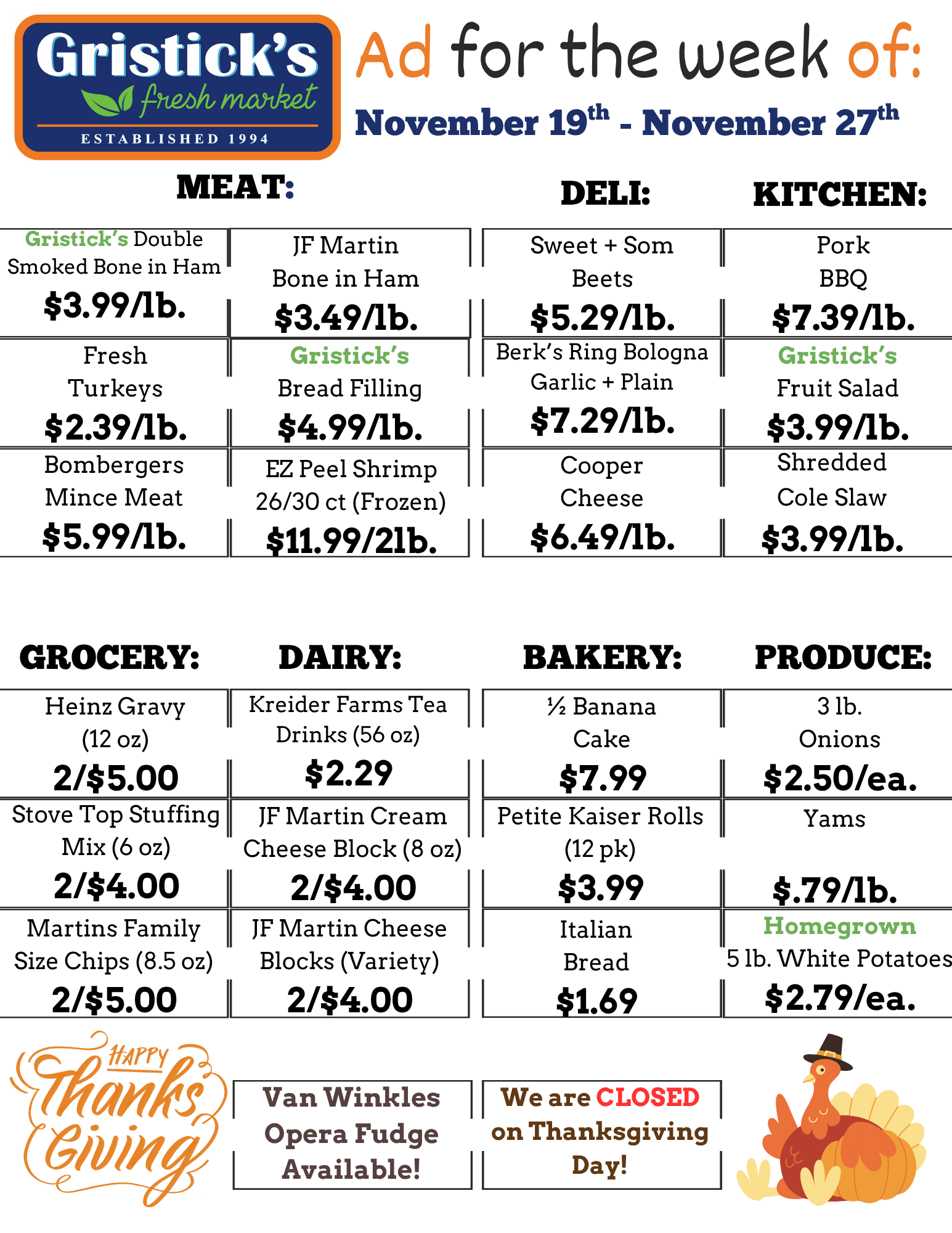 Grocery store ad for the week of November 19th-27th.