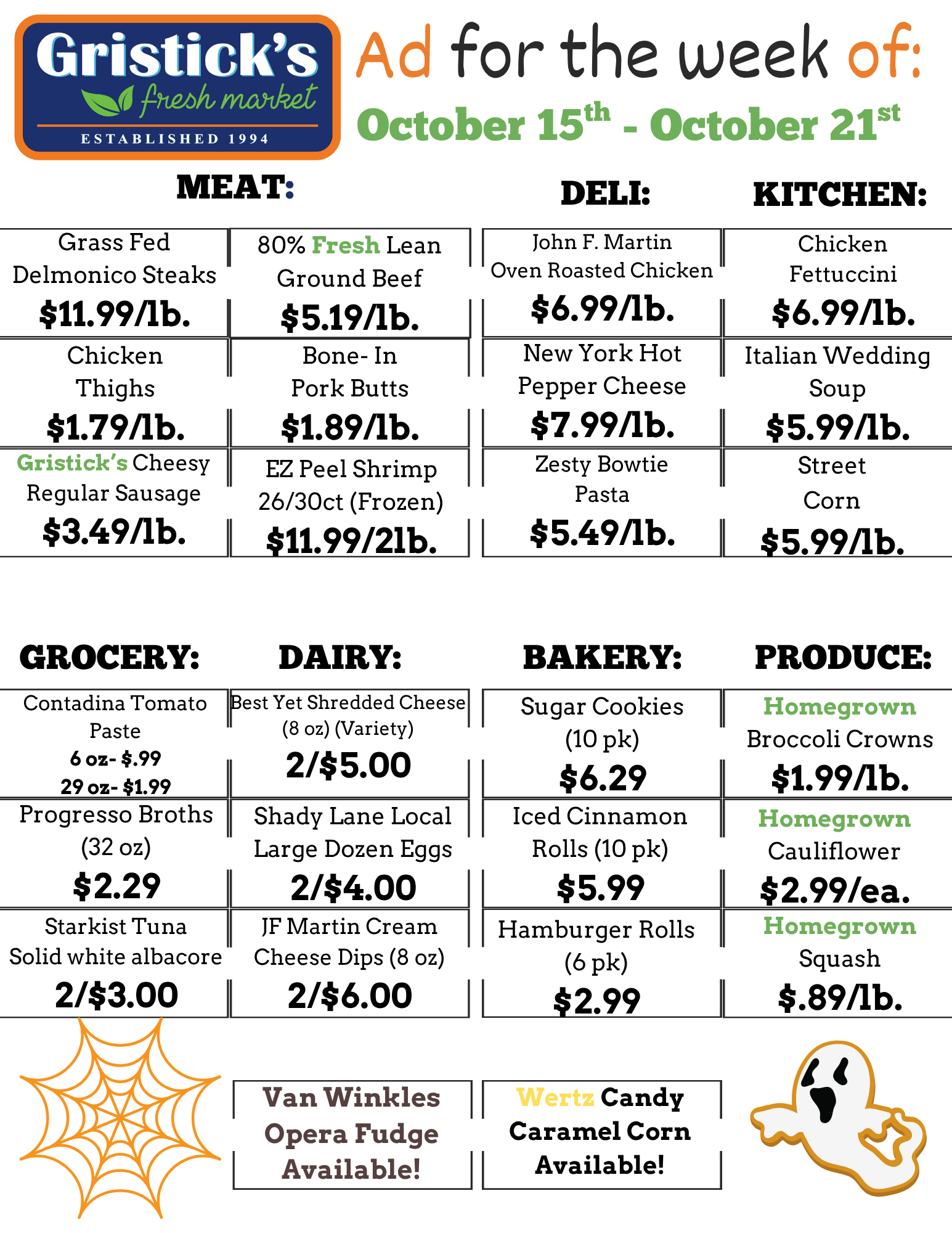 Gristick's grocery ad for the week of October 15-21, featuring meat, deli, kitchen, grocery, dairy, bakery, and produce items.