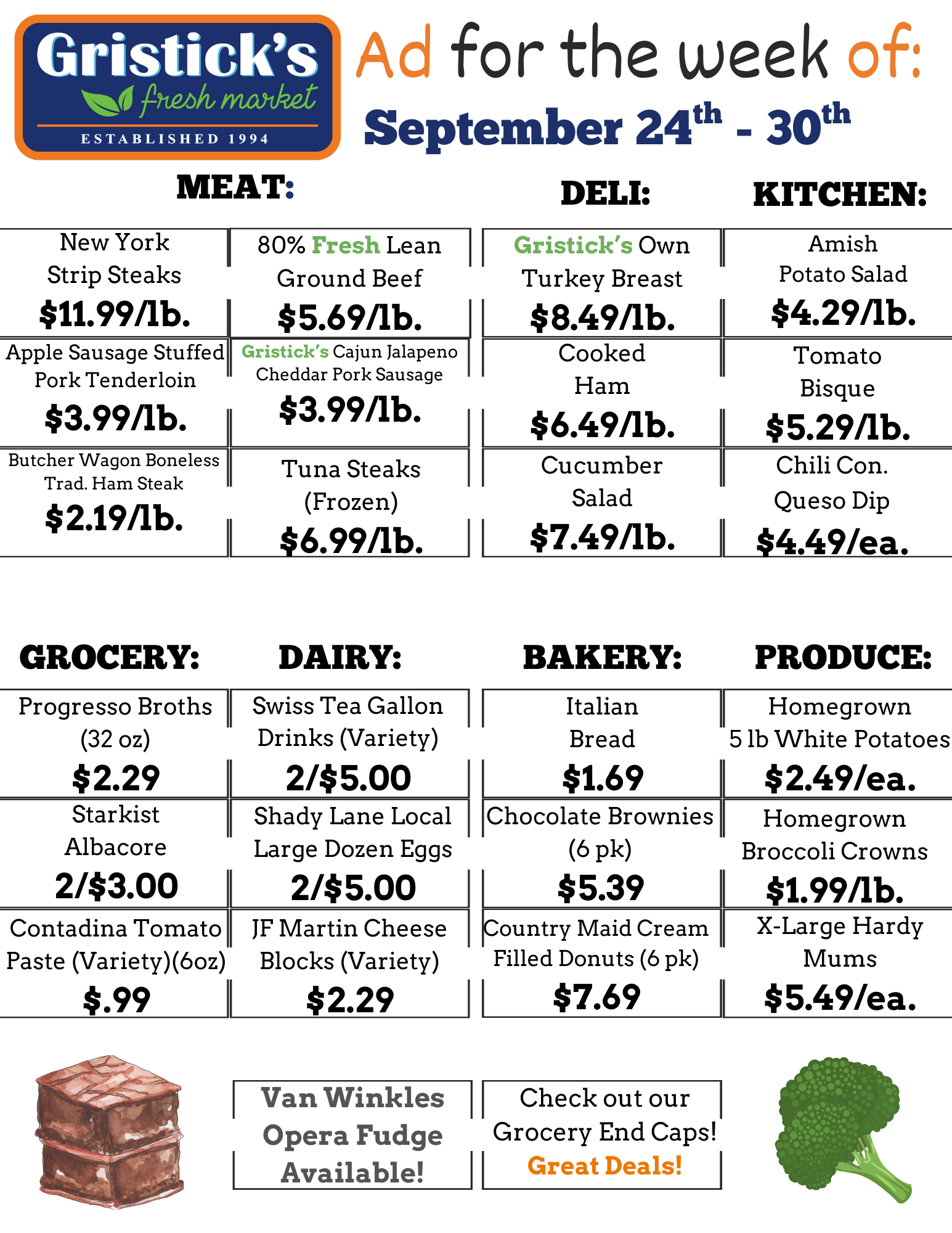 Gristick's grocery ad meat, deli, kitchen, grocery, dairy, bakery, and produce specials for September 24th-30th.