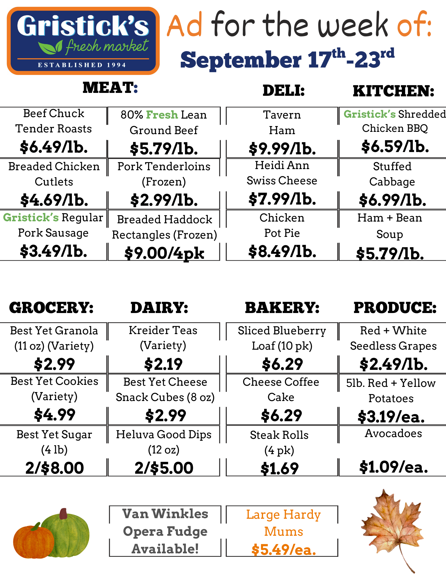 Gristick's grocery ad: Meat, deli, kitchen, grocery, dairy, bakery, produce, September 17-23, prices.