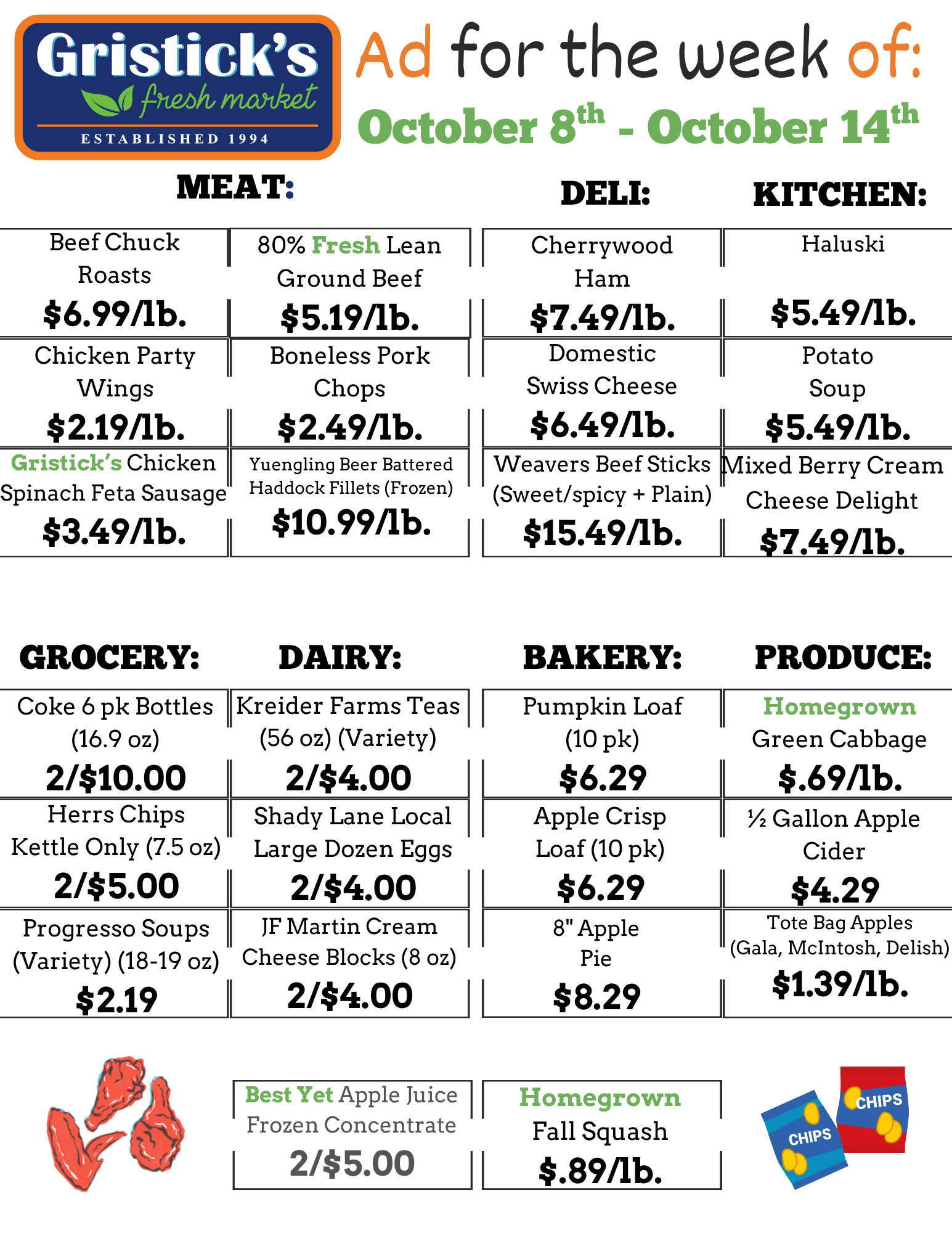 Gristick's grocery ad for the week of October 8th-14th, with meat, deli, kitchen, grocery, dairy, bakery, and produce deals.