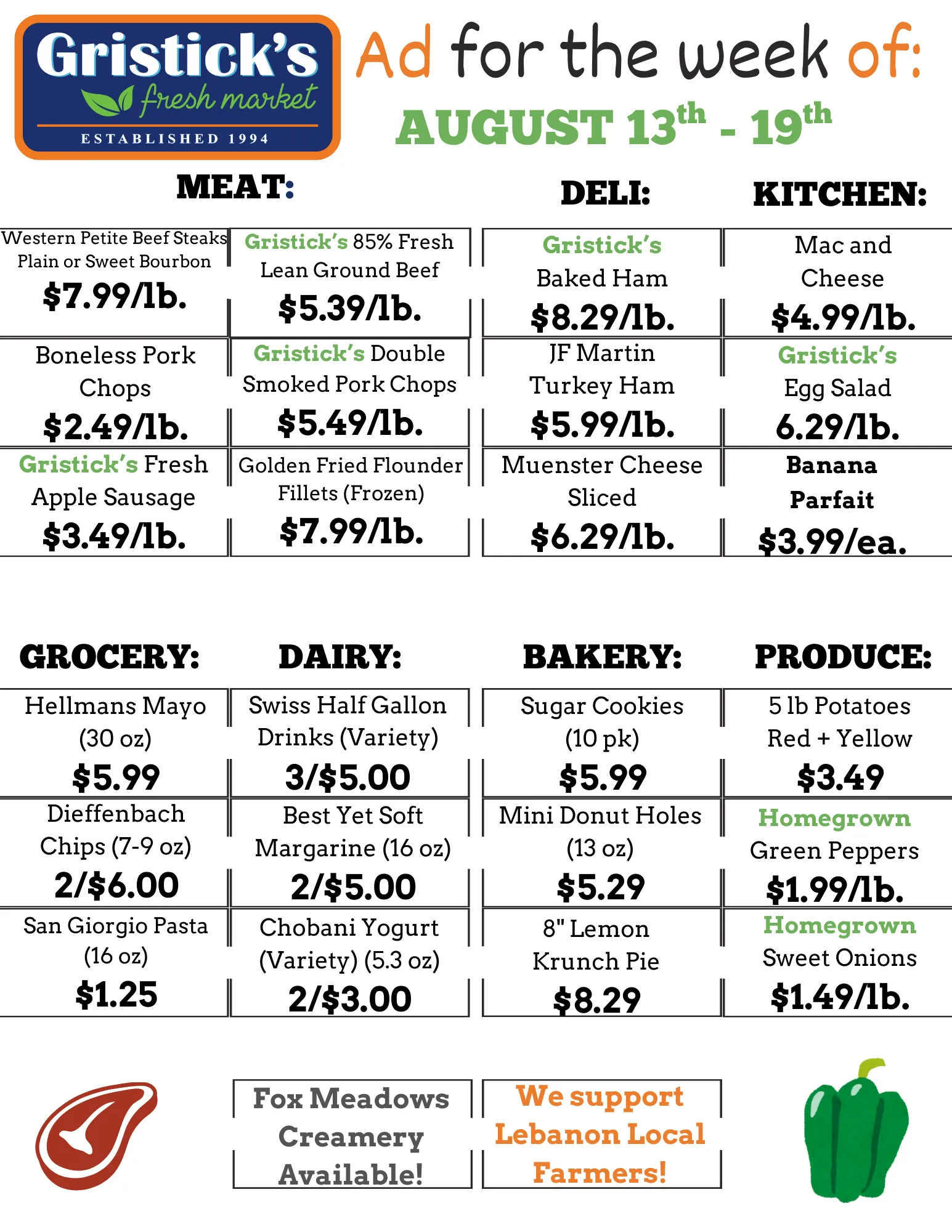 Grocery store ad for Gristick's Fresh Market. Displays weekly prices for meat, deli, and produce.