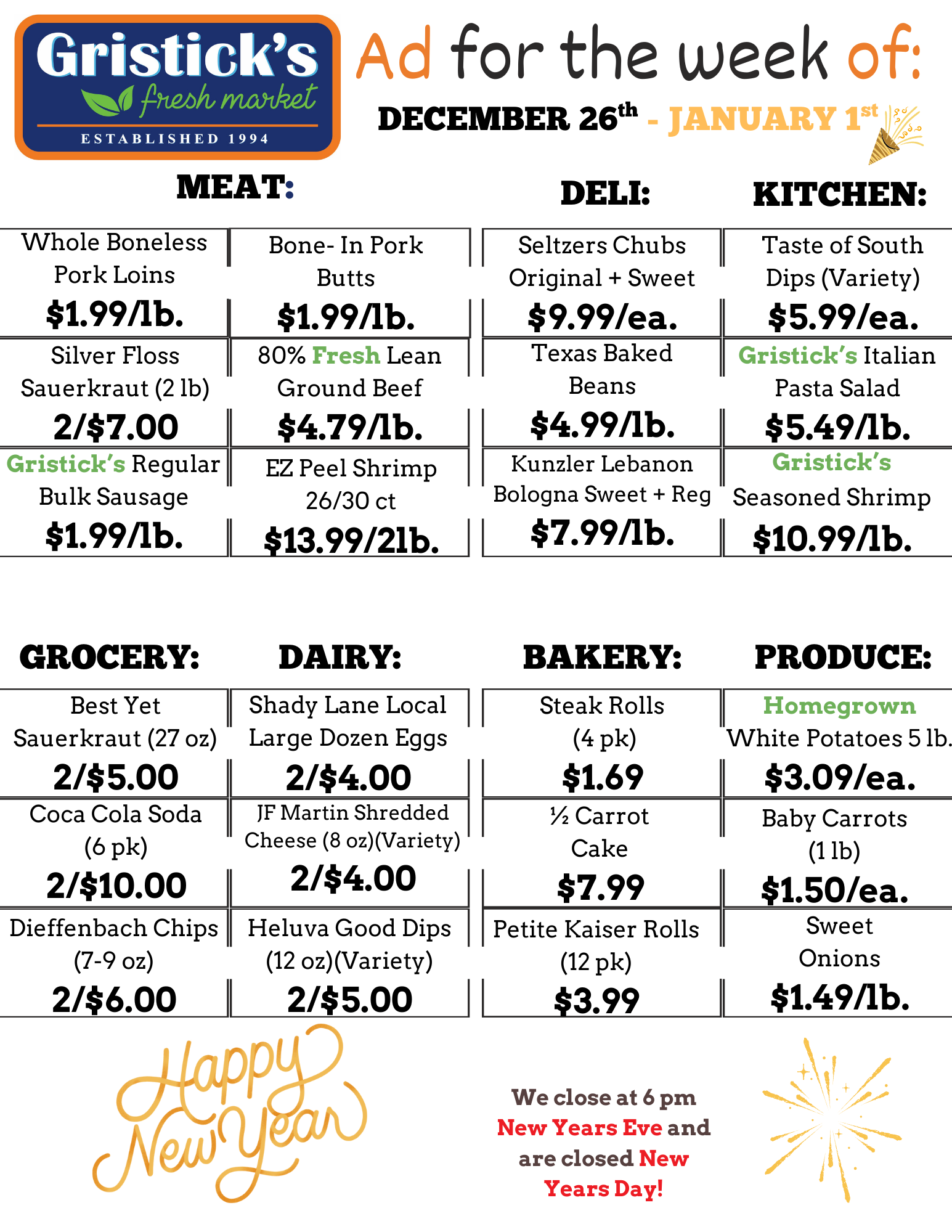 Gristick's grocery ad for the week of December 26th - January 1st with sale prices for various meats, deli items, kitchen items, groceries, dairy, bakery, and produce.