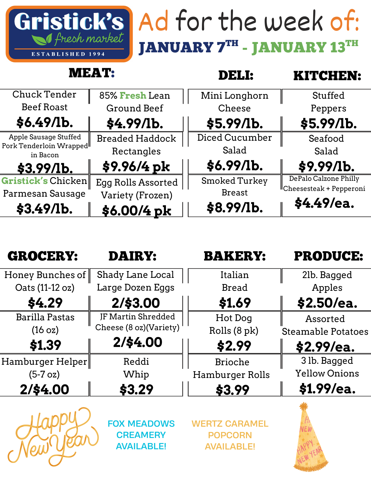 Grocery store ad for the week of January 7th to January 13th. Includes meat, deli, kitchen, grocery, dairy, bakery, and produce items.