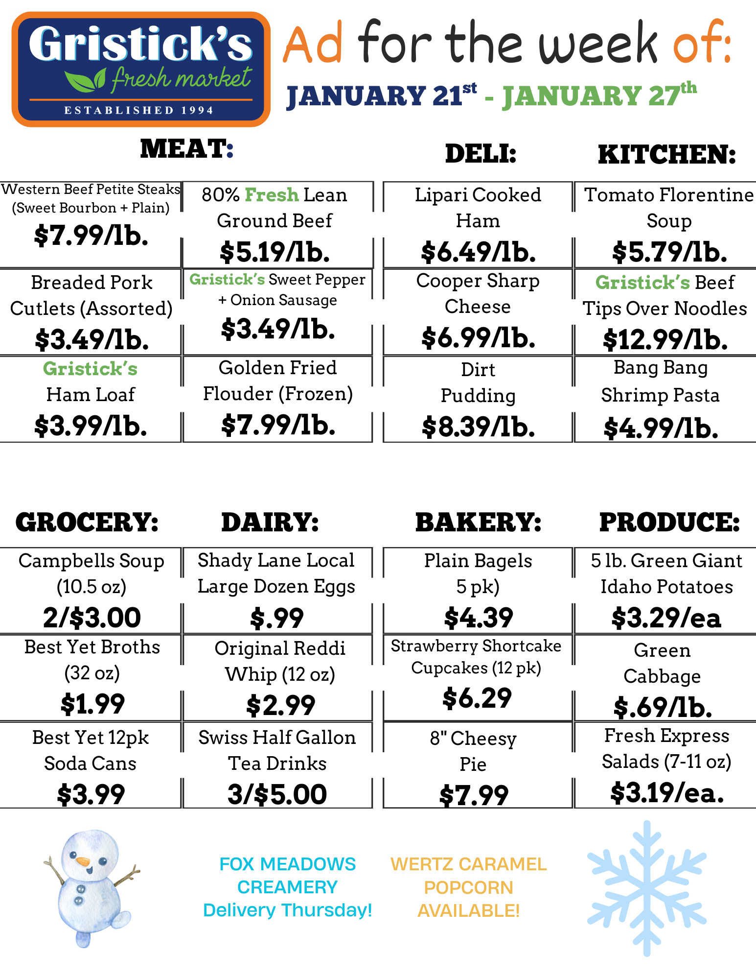 Grocery store ad for the week of January 21-27, with meat, deli, kitchen, grocery, dairy, bakery, and produce items and prices.