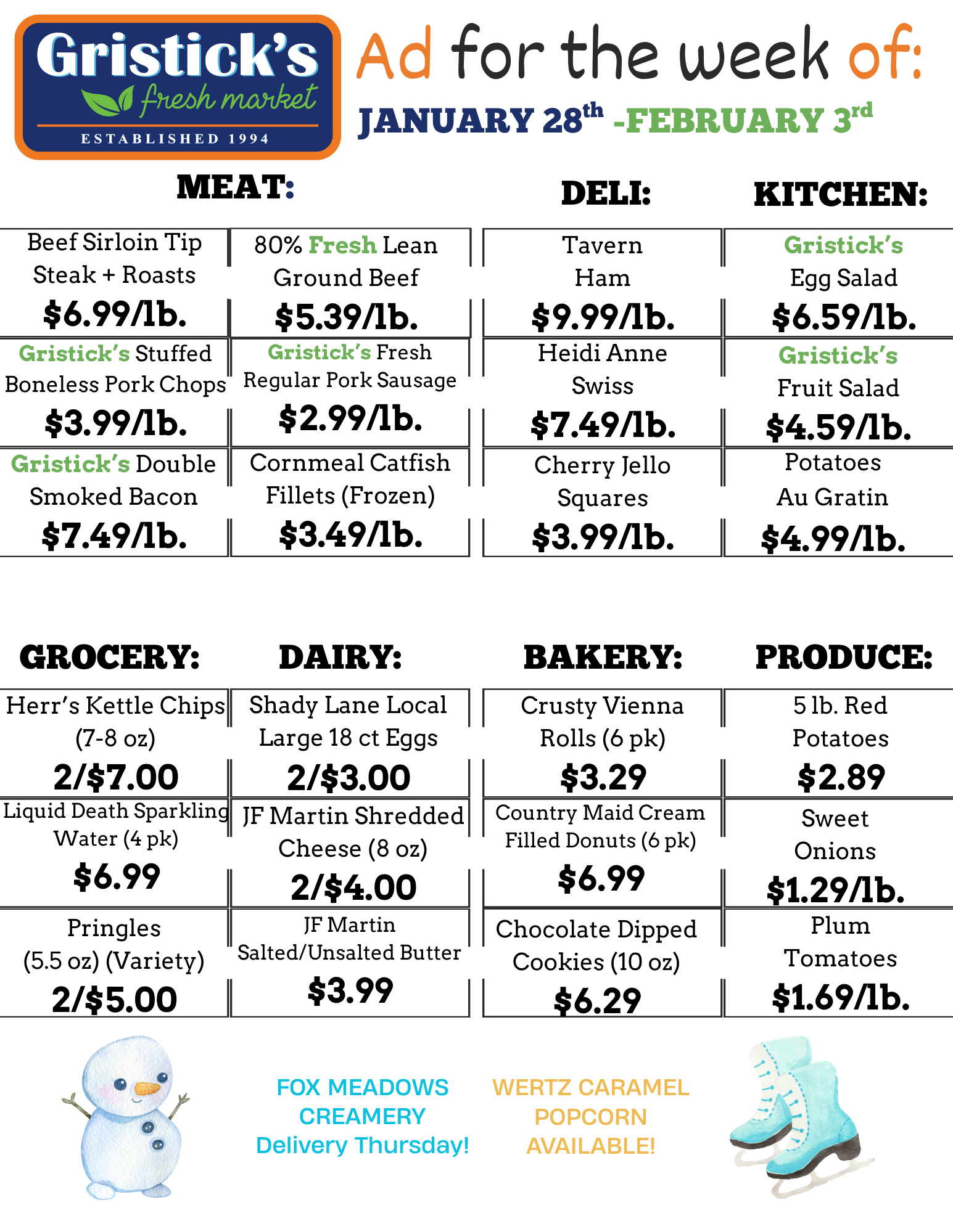 Grocery store ad with meat, deli, kitchen, grocery, dairy, bakery, and produce deals for the week.