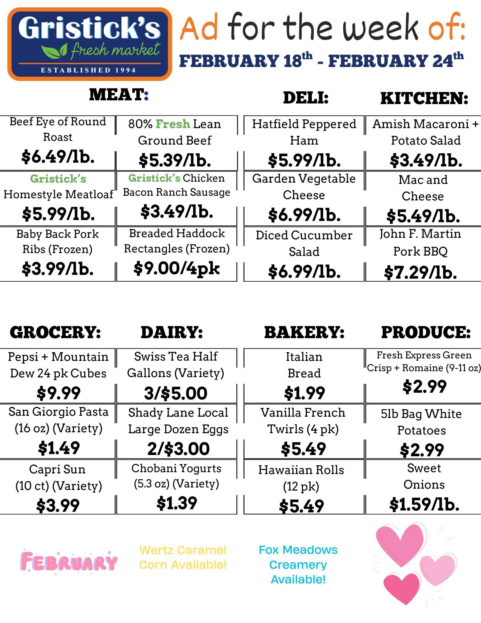 Grocery store ad with meat, deli, kitchen, bakery, dairy, and produce specials for the week of February 18-24.