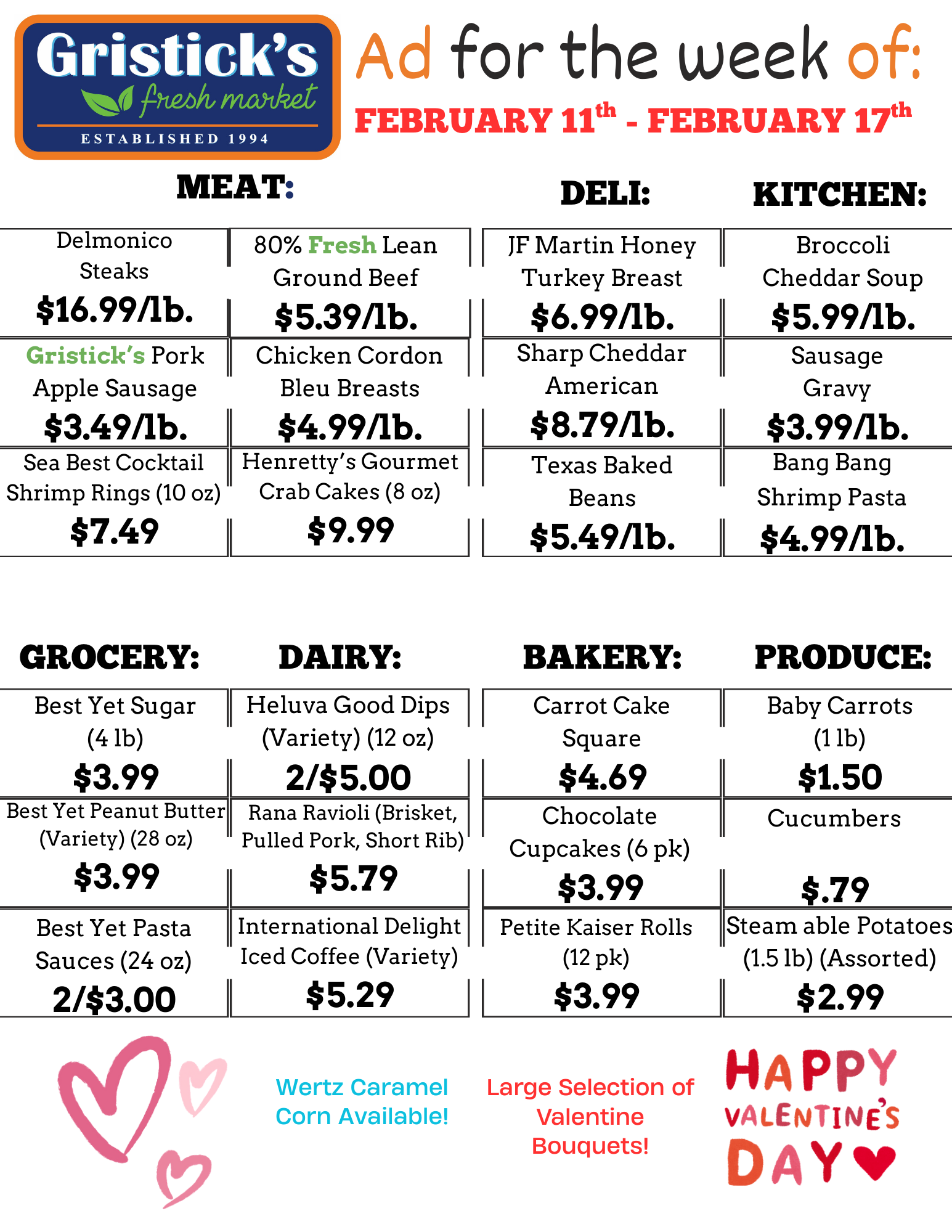 Grocery store ad for the week of February 11-17, with meat, deli, kitchen, grocery, dairy, bakery, and produce items.