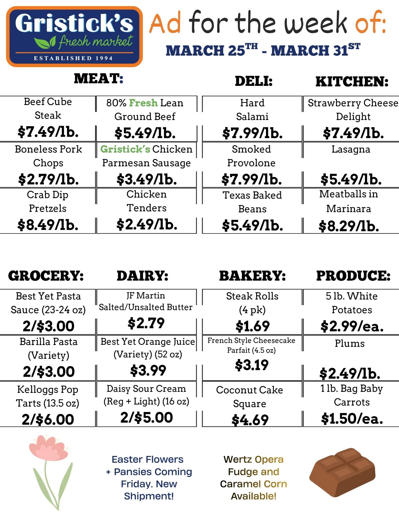Gristick’s Market weekly ad listing grocery, meat, deli, and bakery prices for March 25th through March 31st.