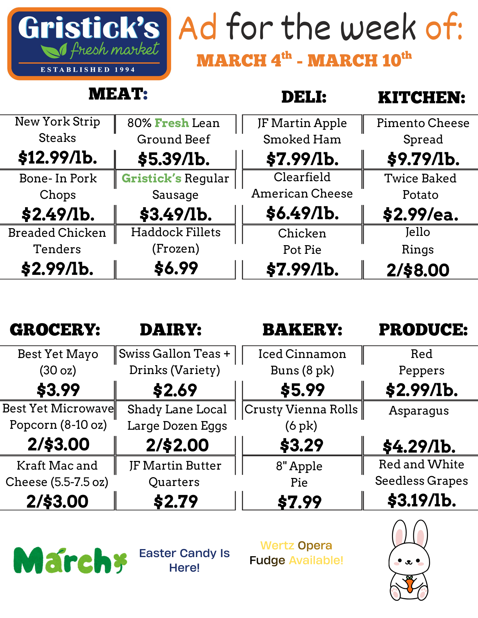 Grocery store advertisement with weekly specials. Offers include meat, deli, kitchen, grocery, dairy, bakery, and produce.