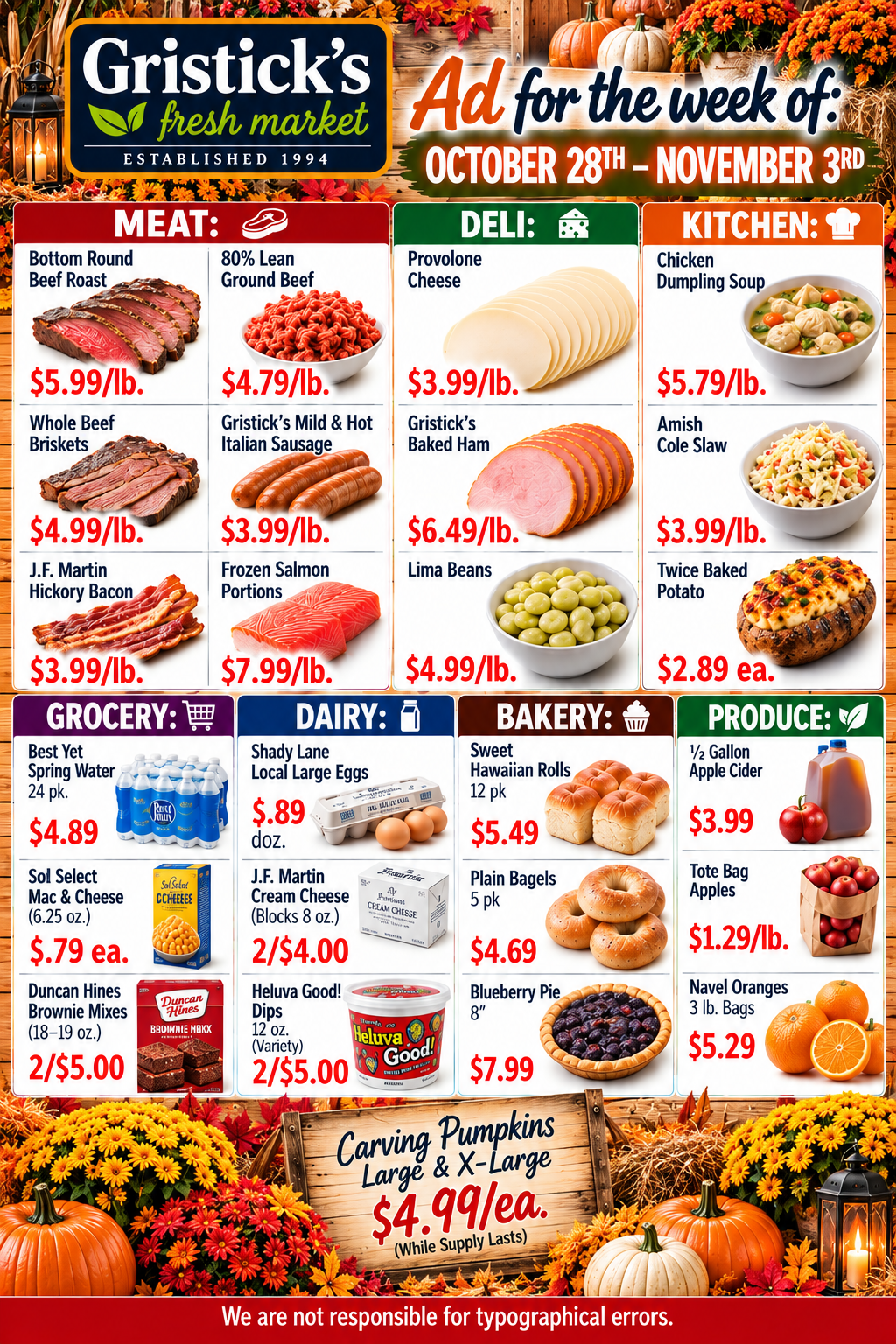 Gristick’s Fresh Market weekly grocery ad with sale items, prices, and pumpkins background