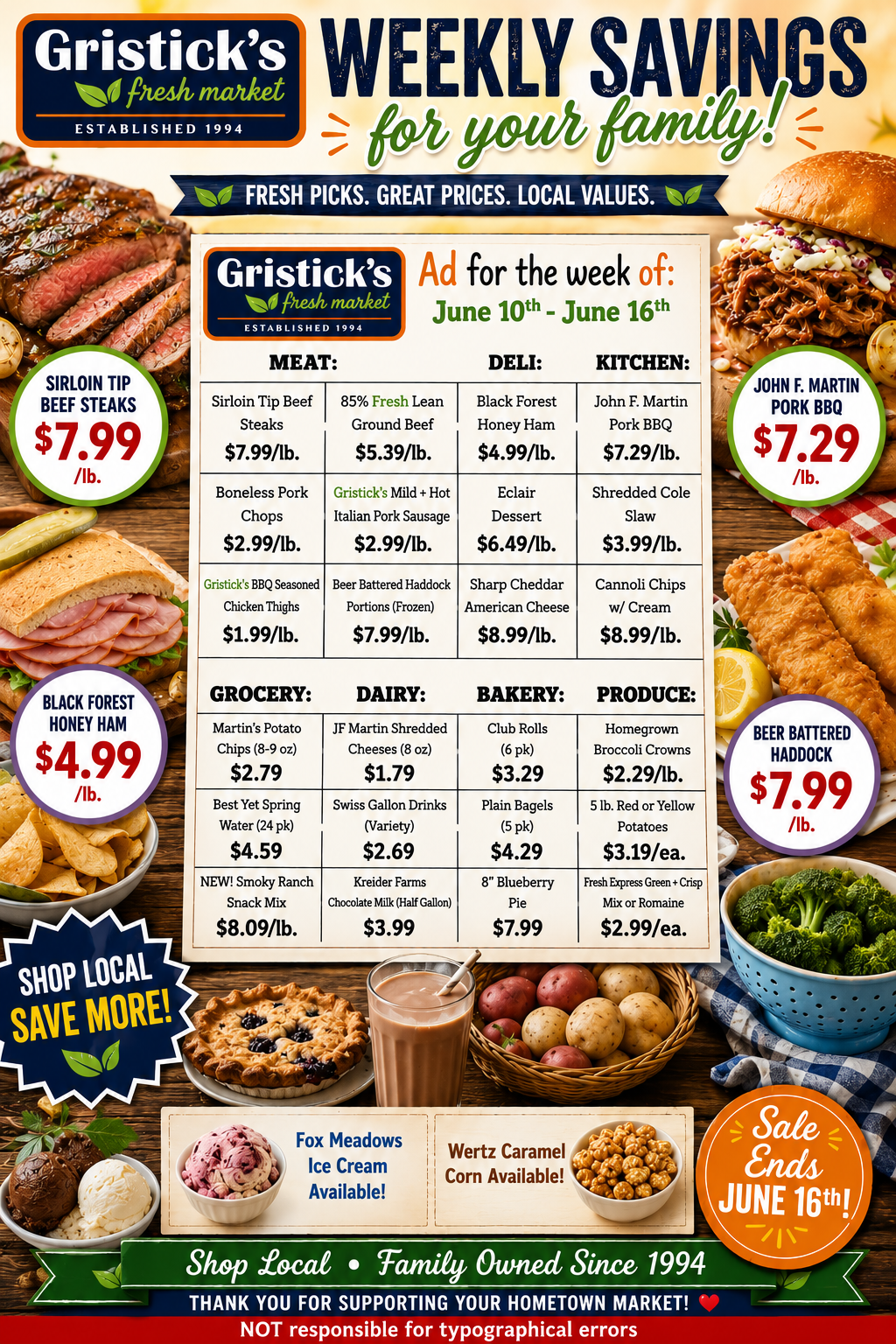 Gristick’s weekly savings flyer with food prices, meats, and produce on a green background