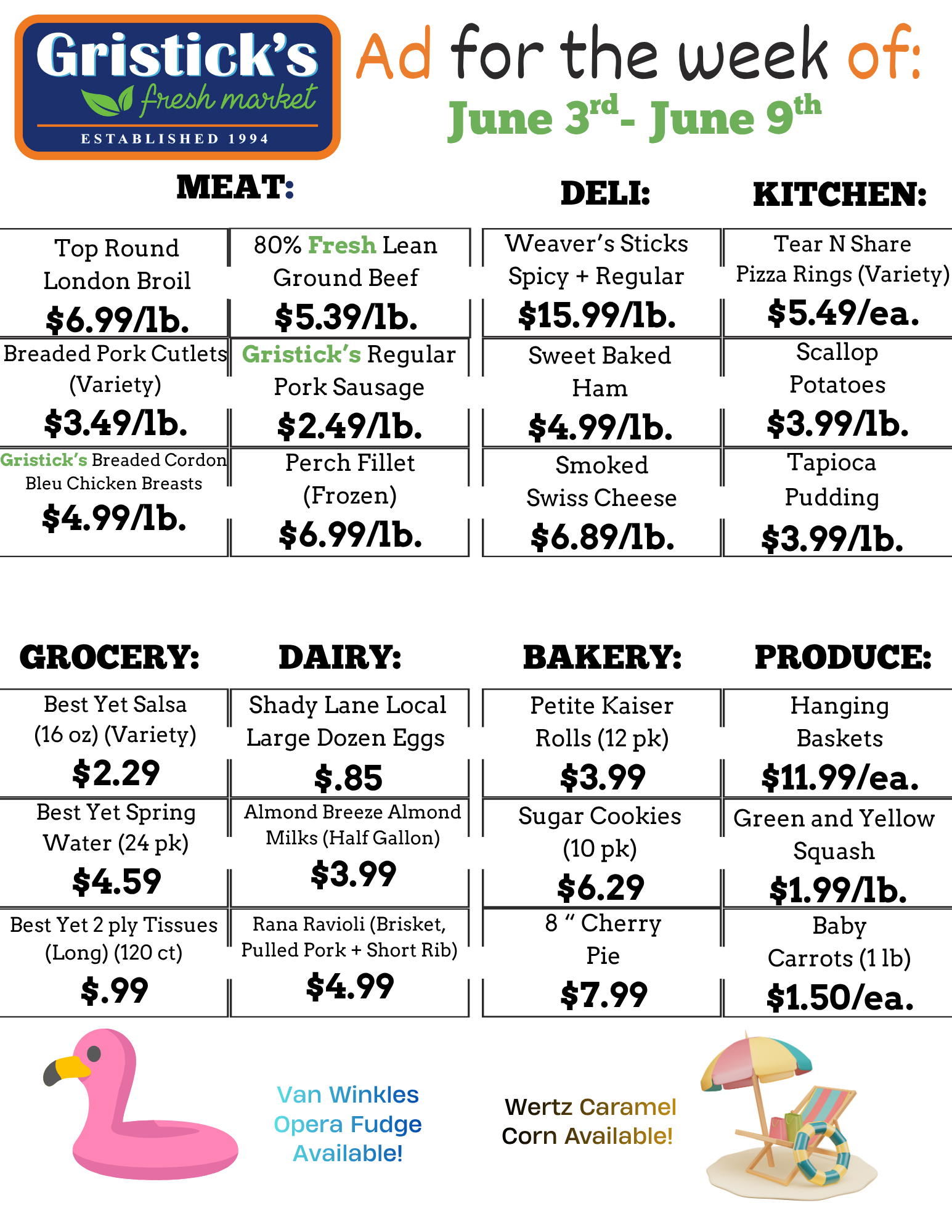 Weekly grocery ad for Gristick’s, June 3–June 9, with sale prices and featured produce, meat, deli, and bakery items.
