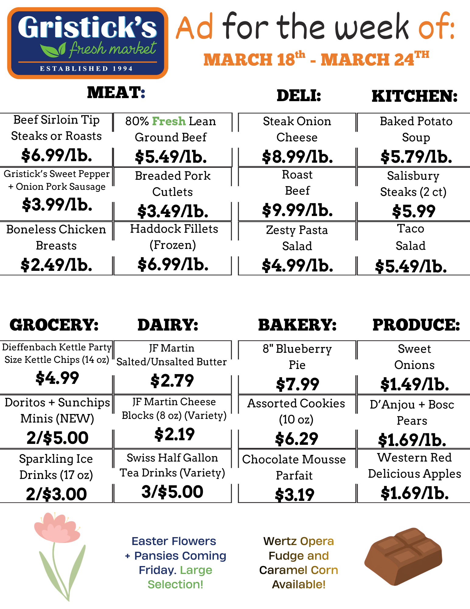 Grocery store advertisement with weekly specials. Offers include meat, deli, kitchen, grocery, dairy, bakery, and produce.