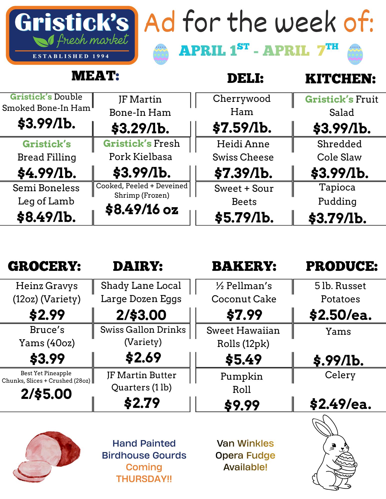 Gristick’s Market weekly ad for April 1st-7th, listing prices for meat, deli, kitchen, grocery, dairy, bakery, and produce.