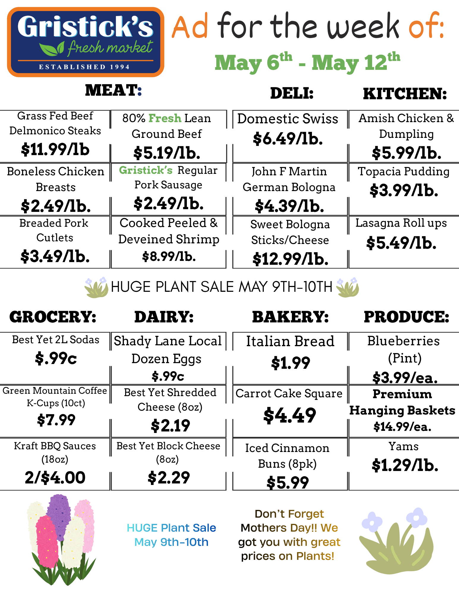 Weekly grocery ad flyer with meat, deli, bakery, produce, and sale prices in blue and green.