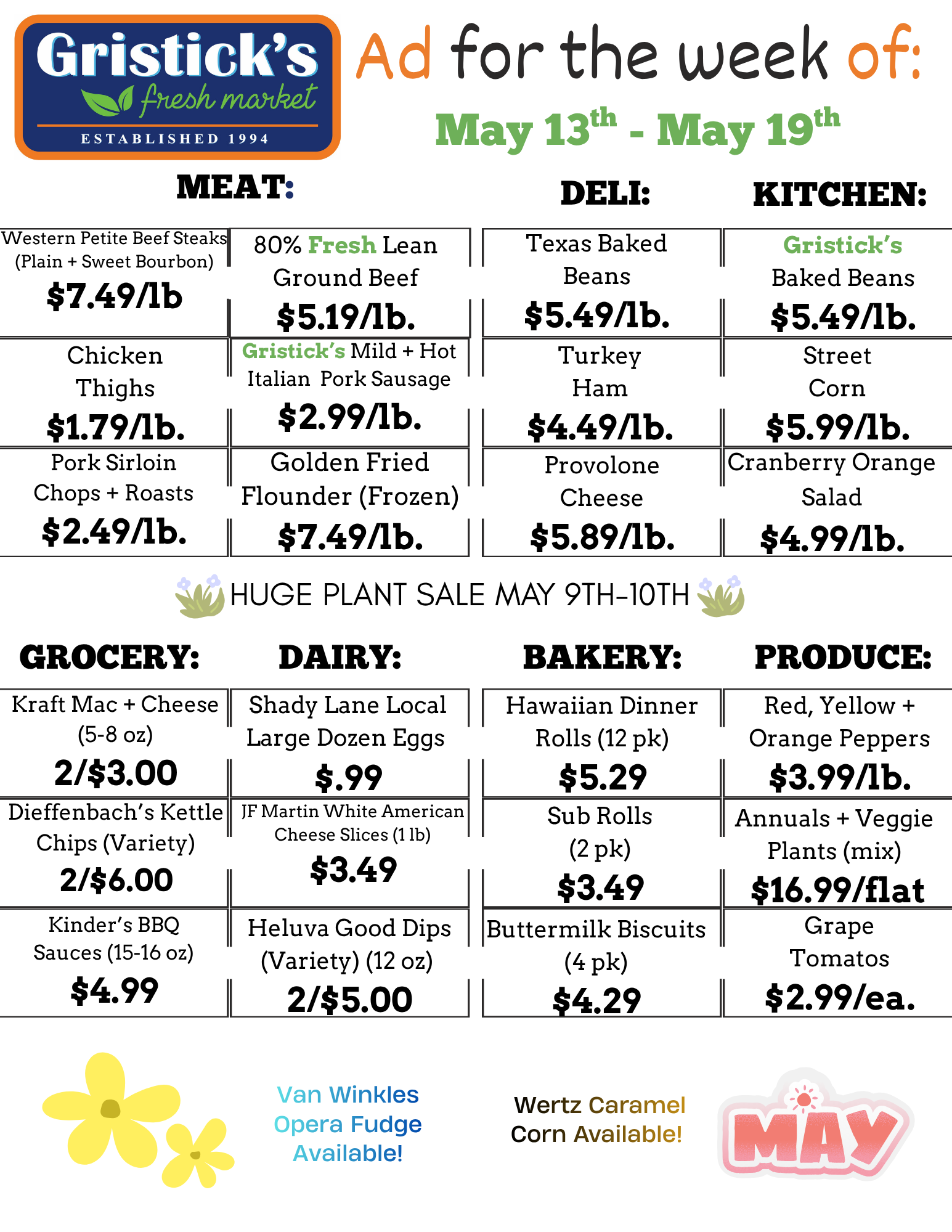 Gristick’s weekly grocery ad with May 13–19 meat, deli, kitchen, grocery, dairy, bakery, and produce deals.