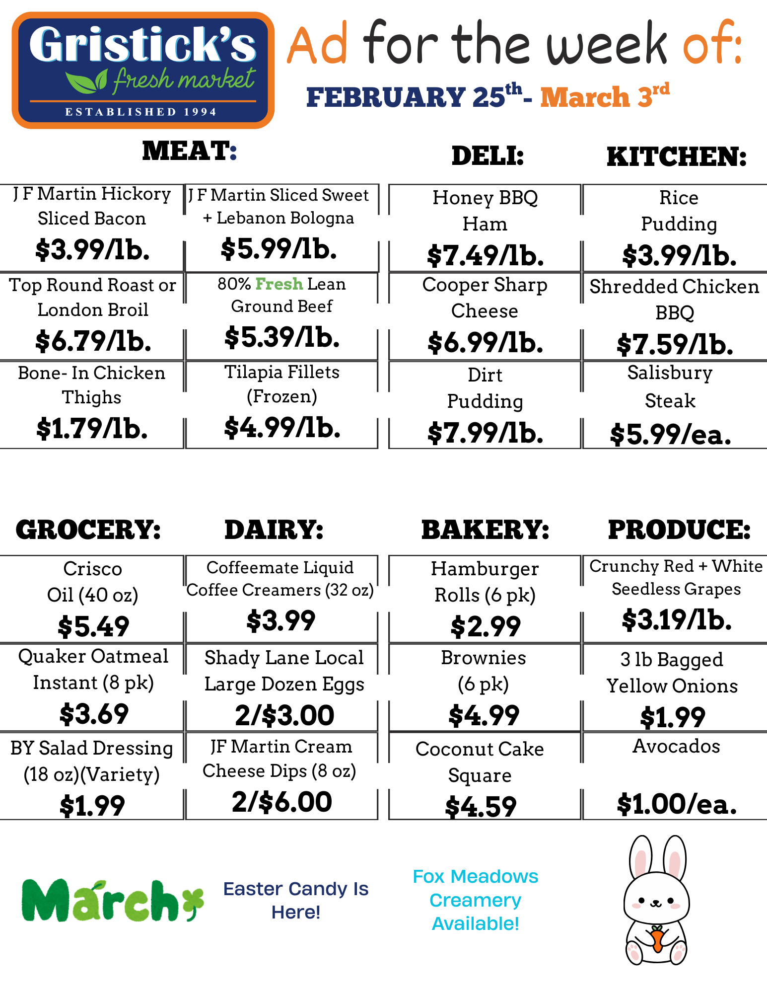 Gristick's grocery ad for the week of February 25th - March 3rd, with meat, deli, kitchen, grocery, dairy, bakery, and produce deals.