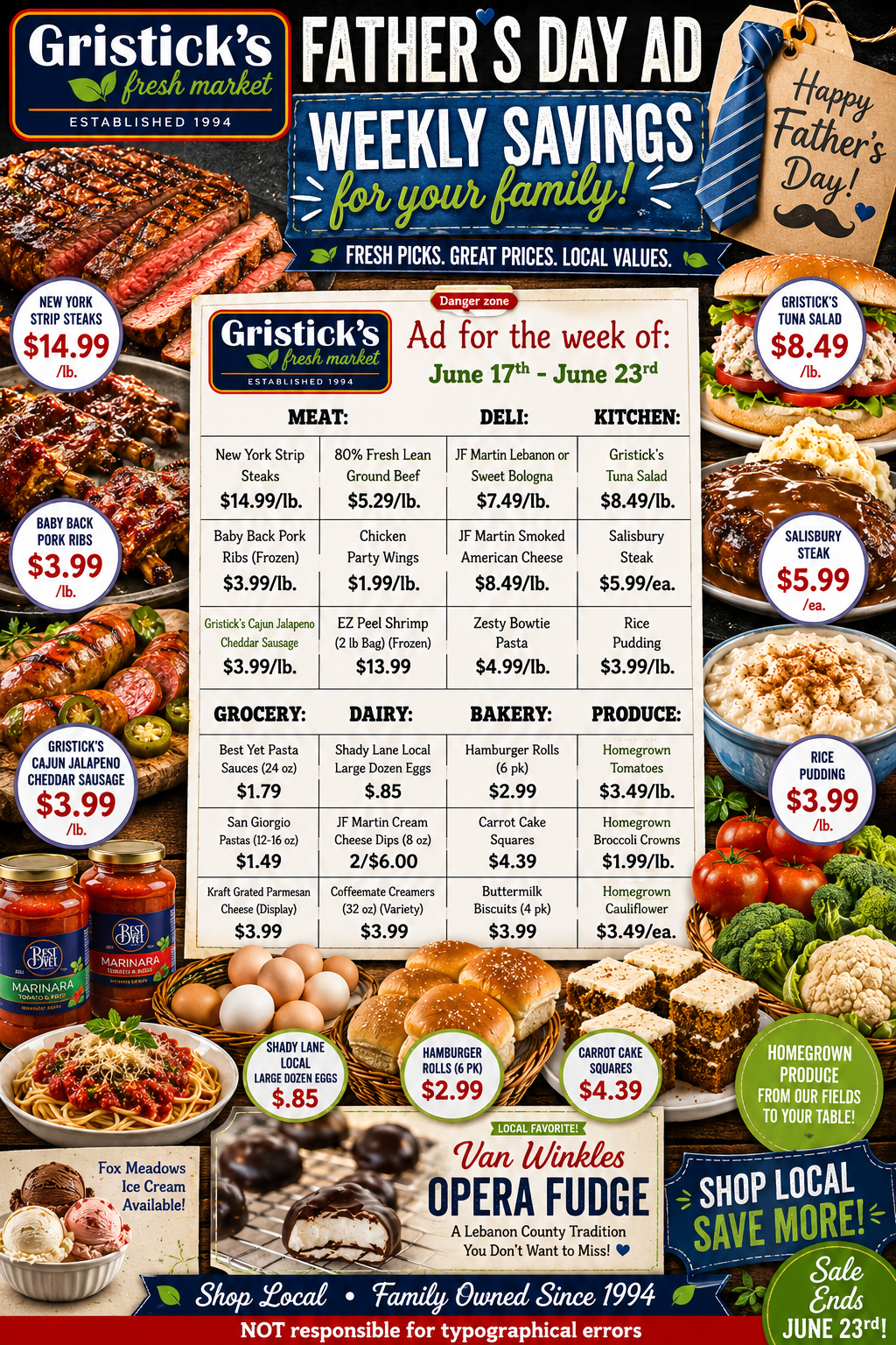Gristick’s Father’s Day weekly savings ad with produce, meat, seafood, and baked goods specials