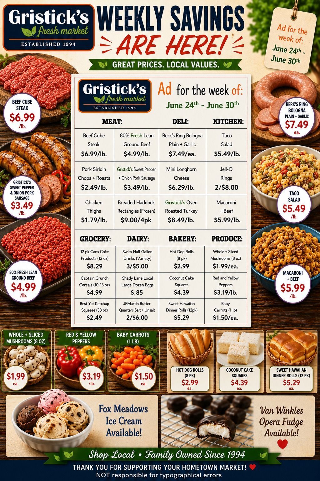 Gristick’s Weekly Savings Are Here! grocery ad with produce, bakery items, and sale prices on a wood background