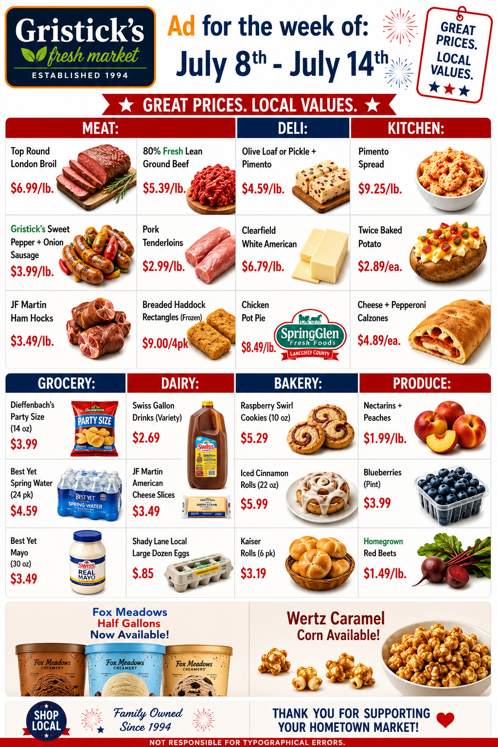 Gristick’s weekly grocery ad with food photos, prices, and “Buy 8, save on select local items” banner