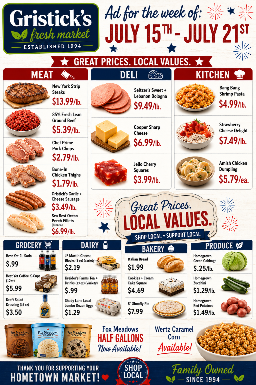 Gristick’s weekly grocery ad with July 15th–21st specials, food photos, and prices across meat, deli, kitchen, and produce