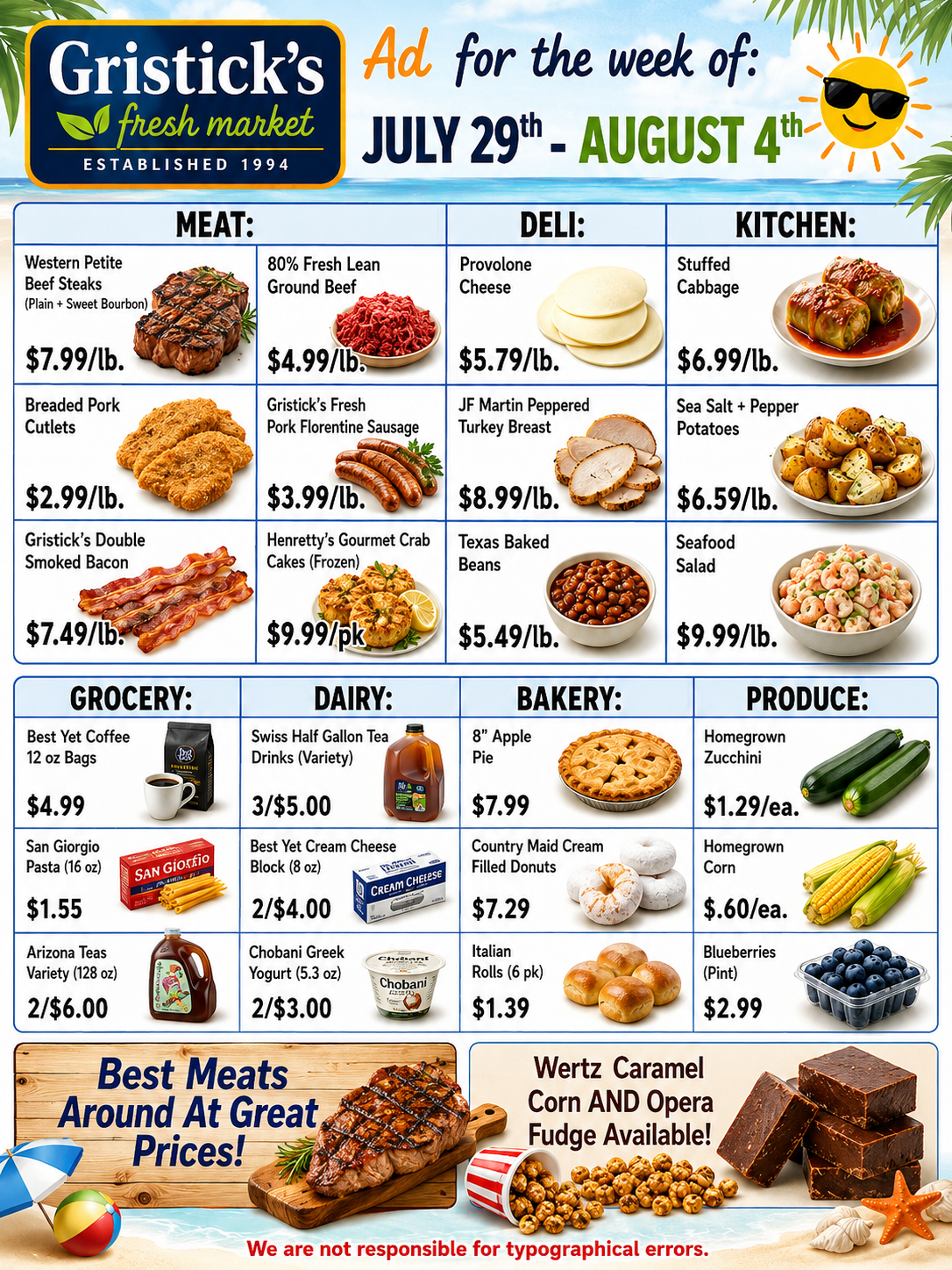 Weekly grocery ad with discounted meats, deli, bakery, produce, and dairy specials at Gristick’s.