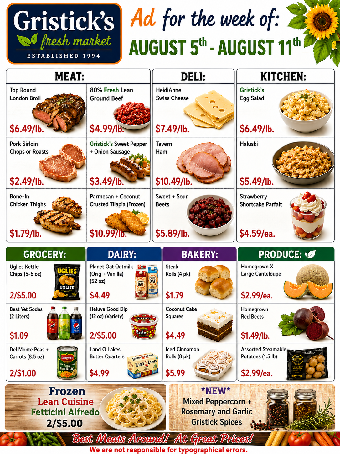 Gristick’s weekly grocery ad with August 5–11 specials on meats, deli, kitchen, groceries, dairy, bakery, and produce