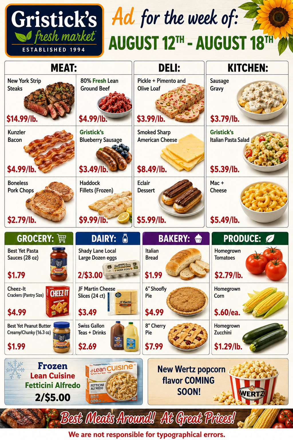Gristick’s weekly grocery ad with meats, deli, kitchen, produce, dairy and baked goods specials.