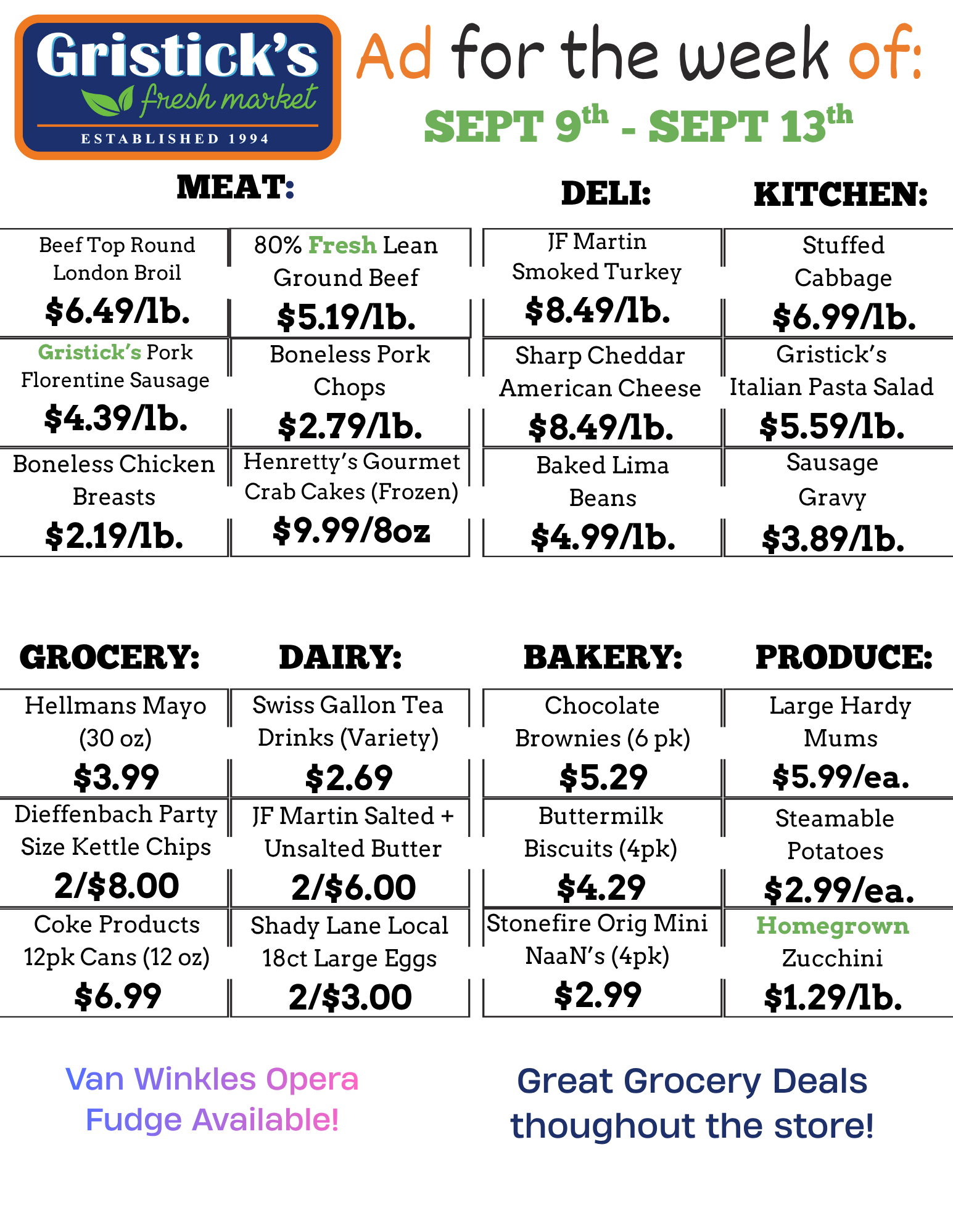 Gristick’s weekly grocery ad flyer with meat, deli, kitchen, bakery, produce, dairy, and more specials