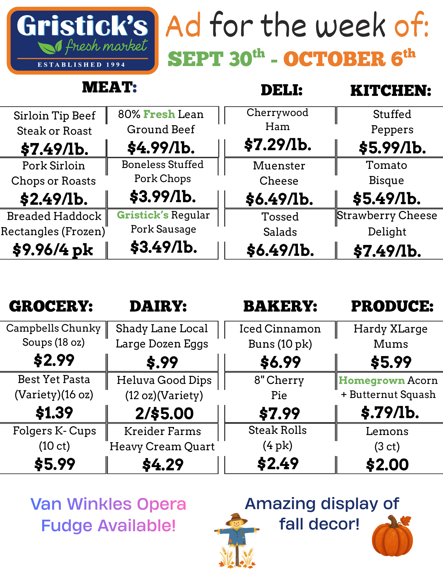 Gristick’s weekly ad flyer with grocery, deli, kitchen, bakery and produce sale prices.
