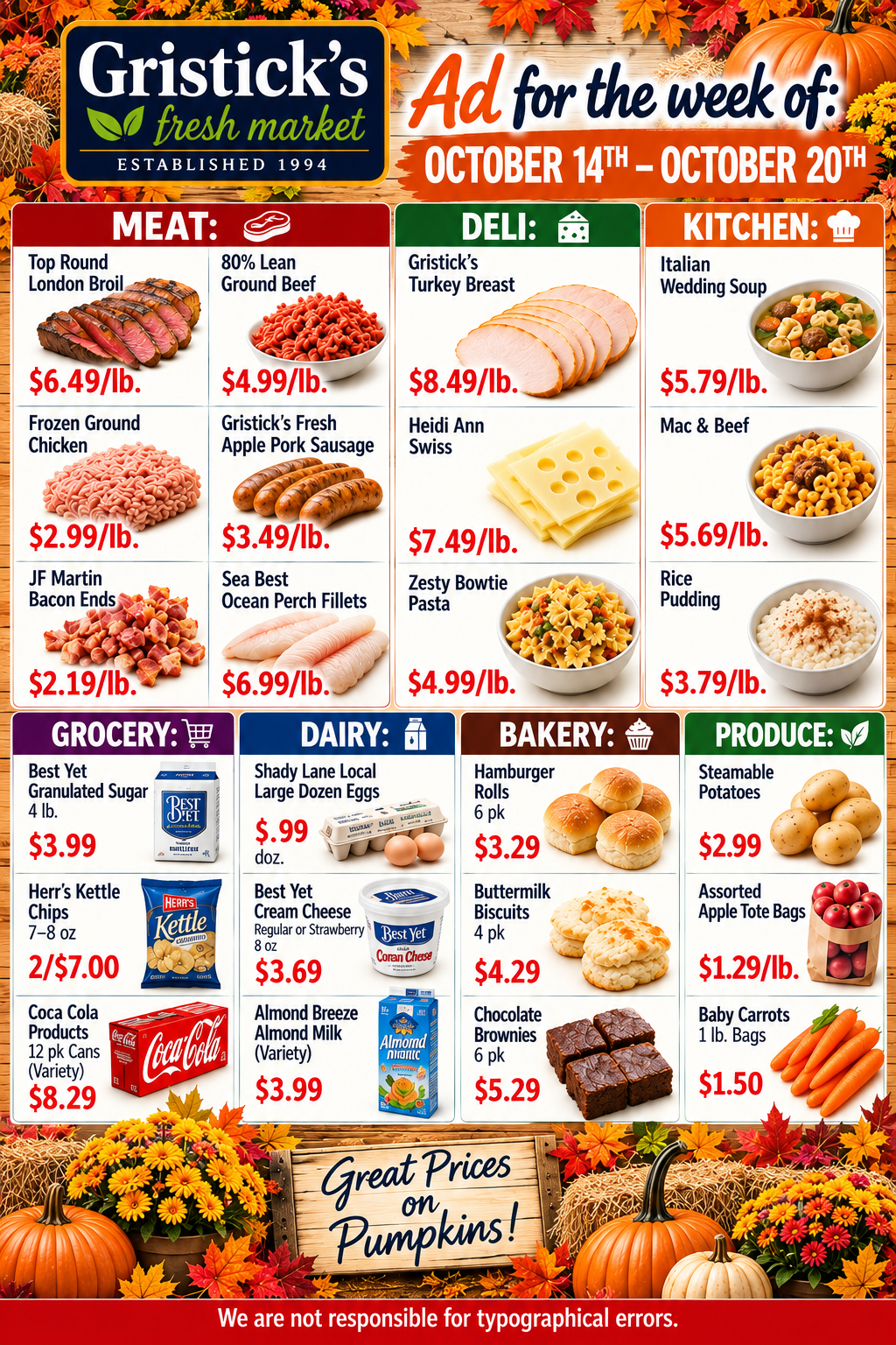 Gristick’s weekly grocery ad with meat, deli, kitchen, dairy, bakery and produce specials, fall pumpkins theme